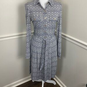 Tory Burch XS Blue White Medallion Shirt Dress Gold Logo Buttons Belted Lined